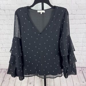 WAYF Micah Ruffle Sleeve Crescent Moon Black White V-Neck Blouse Size Medium